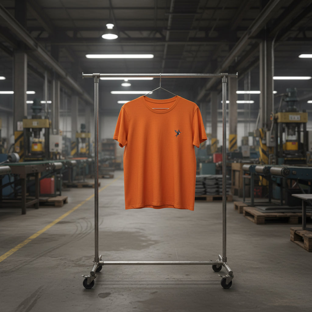 Orange t-shirt on a rack in an industrial setting