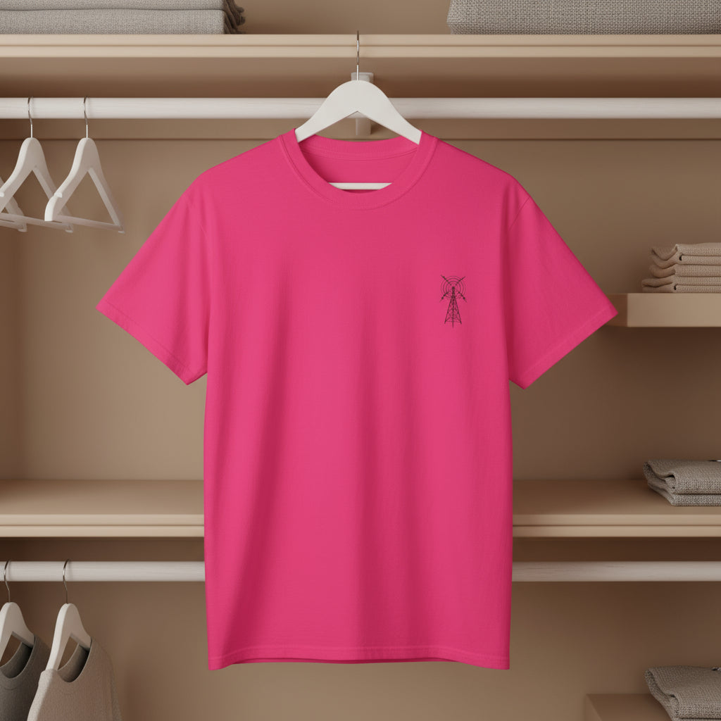 Pink t-shirt with a small black logo on the chest against a white background