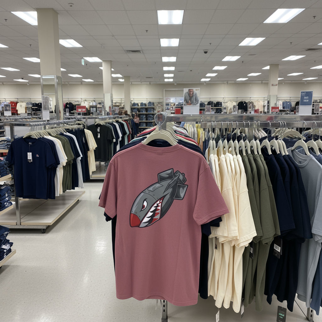 Pink t-shirt with a graphic design on a rack in a store